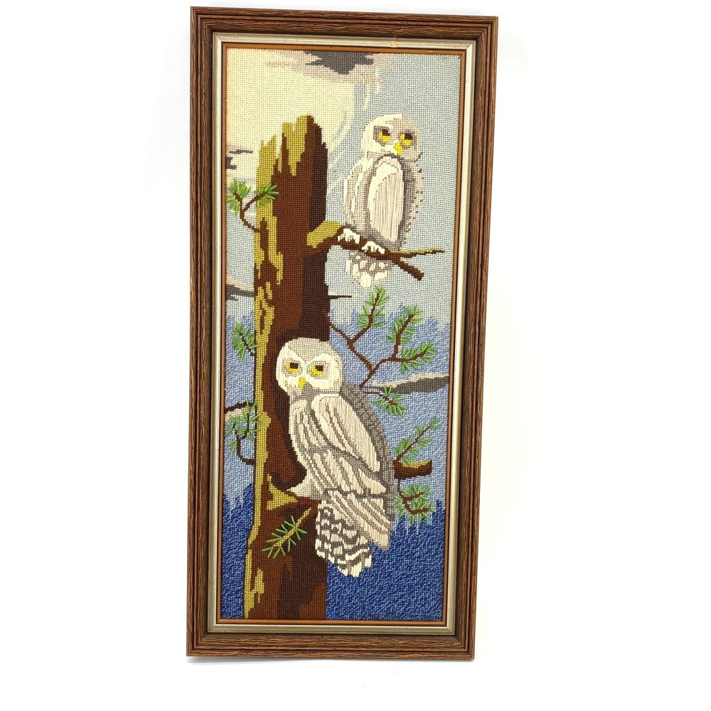 Vintage 1979 Handmade Snowy Owl Crewel Needlepoint Framed Wall Art 26x12